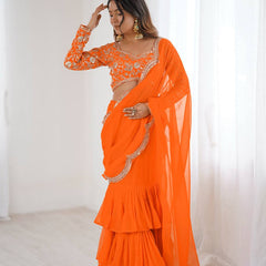 Party Wear Embroidered Ruffle Saree