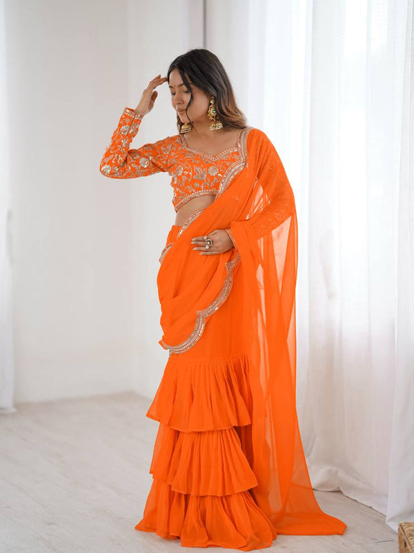 Party Wear Embroidered Ruffle Saree