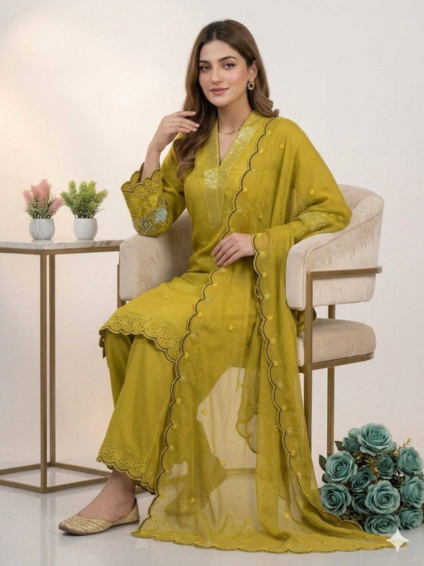 Designer Mal Chanderi Sequence Embroidered Kurta Palazzo Set With Organza Dupatta