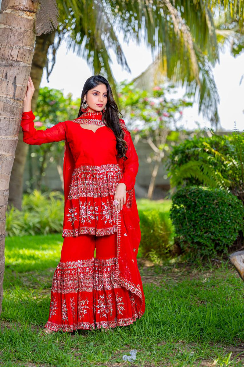 Designer Top Sharara And Dupatta In Georgette With Sequence Embroidery Work Lehenga
