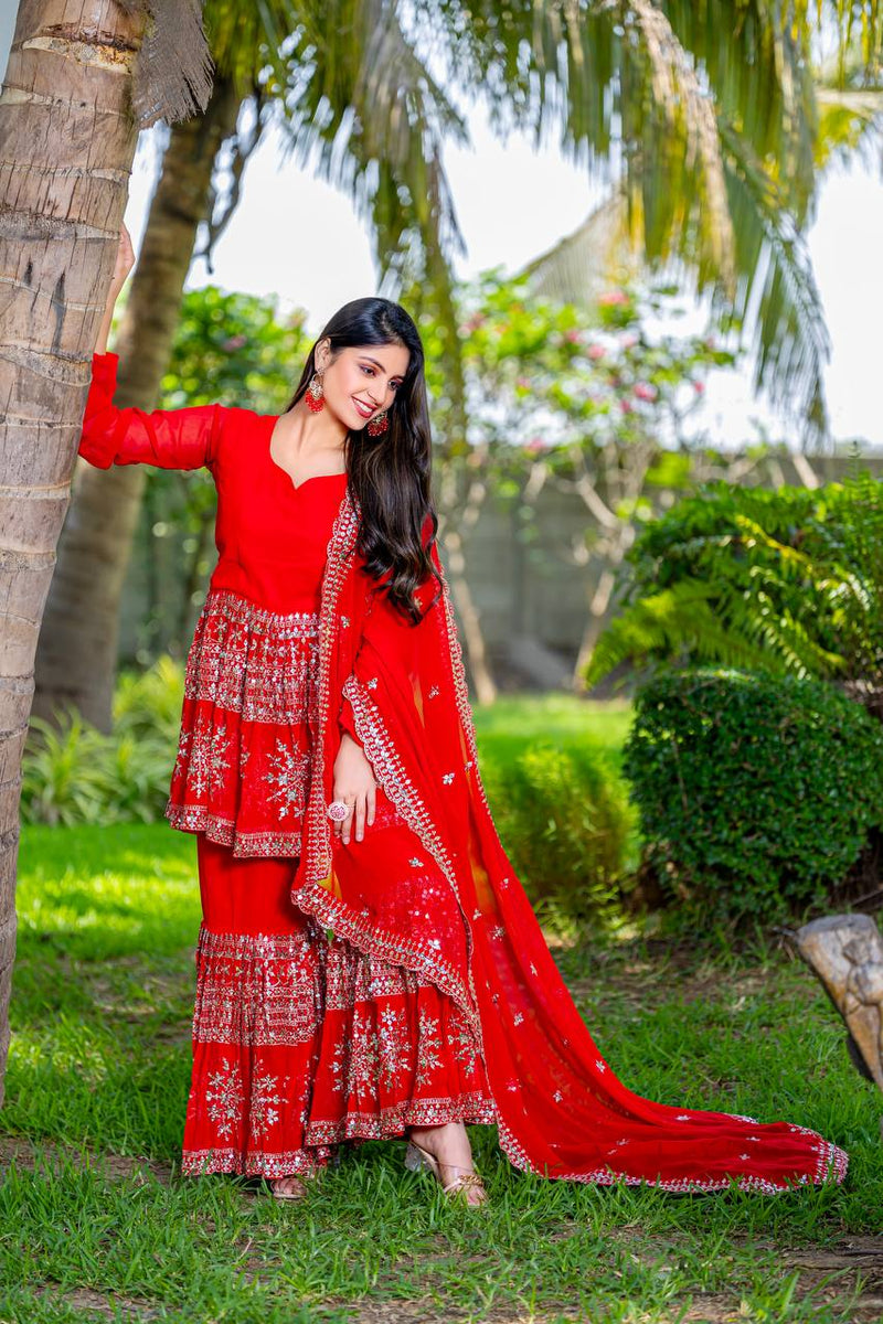 Designer Top Sharara And Dupatta In Georgette With Sequence Embroidery Work Lehenga