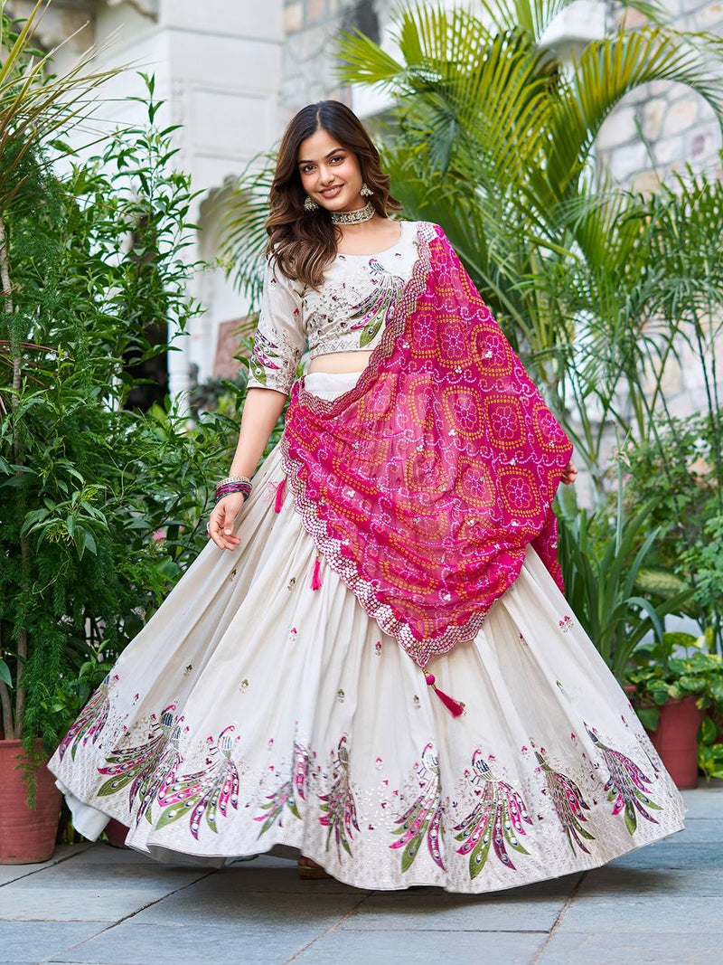 Khadi Cotton Thread Embroidery And Sequins Work Lehenga