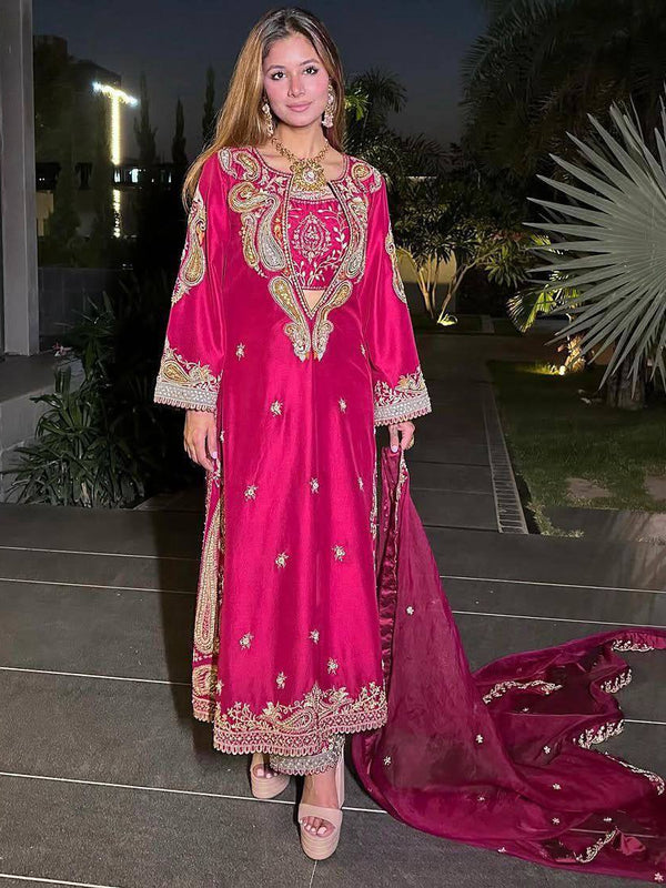 Red & Pink Chinon Dresses ,Pant Set with Dupatta