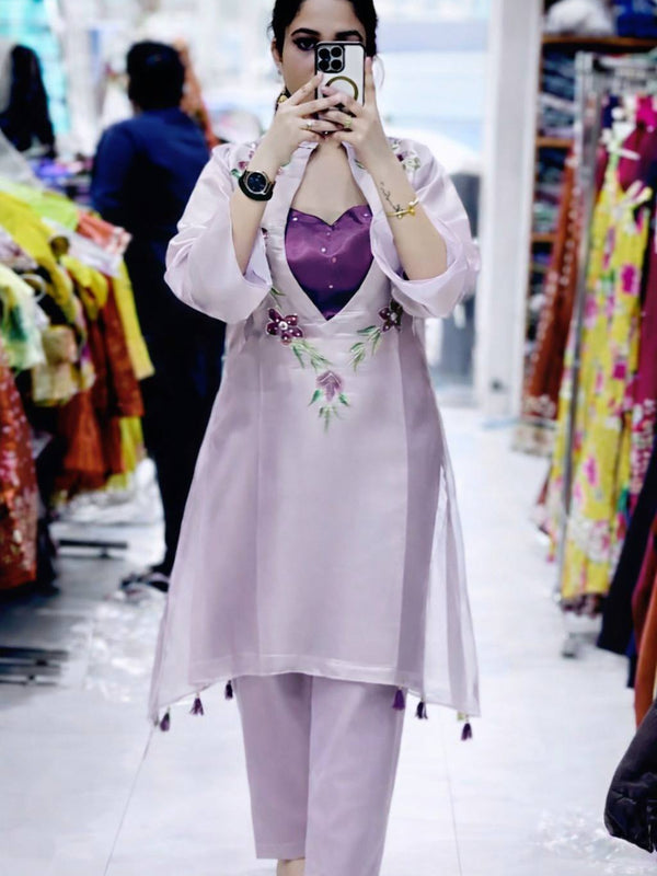 Beautiful Thread & Sequins Organza Kurti Set