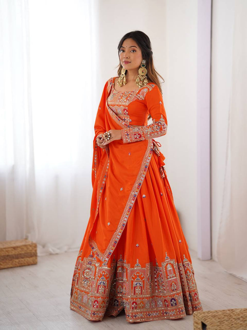 Embroidered Sequinned Semi-Stitched Lehenga