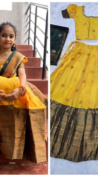 South Indian Silk Lehenga Set for Kids – With Contrast Dupatta (Yellow)