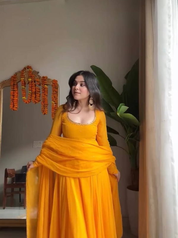 Handwork Haldi Anarkali Lehenga Set
