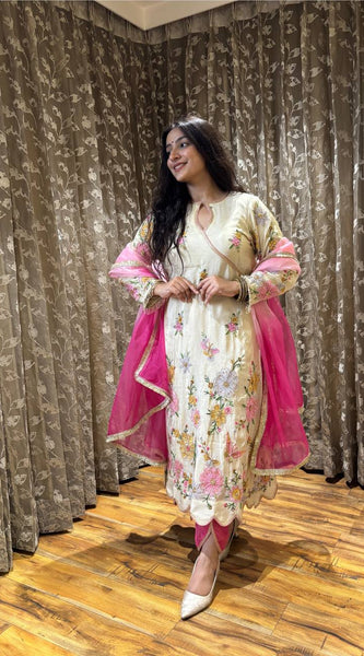 Embroidered Chinon Boat Neck Dresses