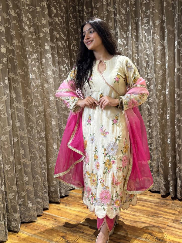 Embroidered Chinon Boat Neck Dresses