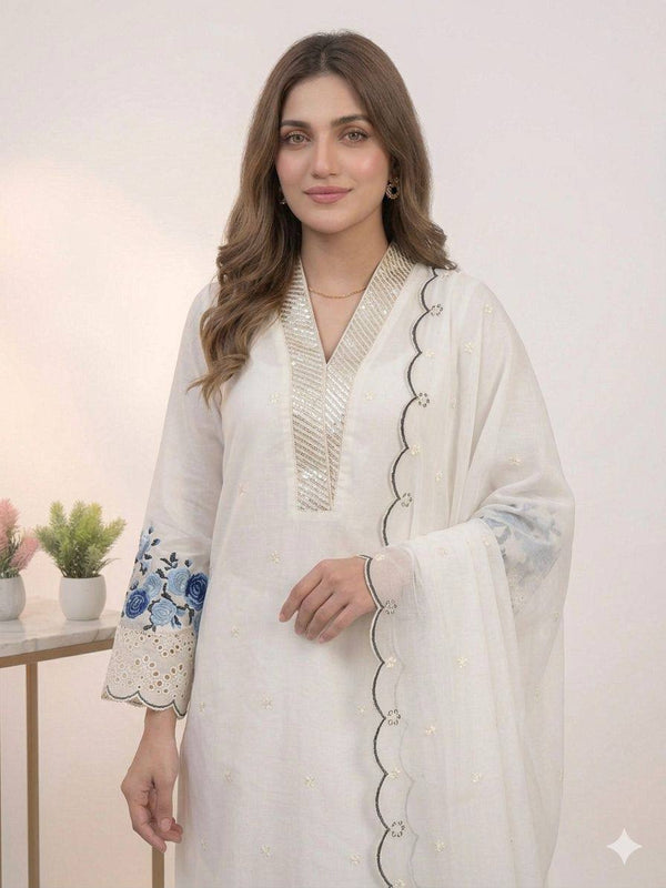 Designer Mal Chanderi Sequence Embroidered Kurta Palazzo Set With Organza Dupatta