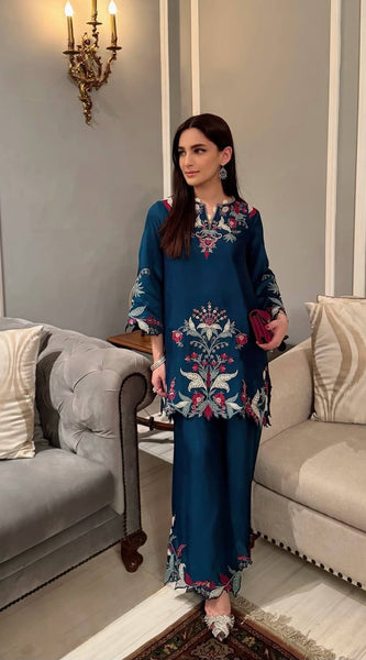 Designer French Crepe Embroidered Cut Work Co-Ord Sets with Stylish Palazzo for Women
