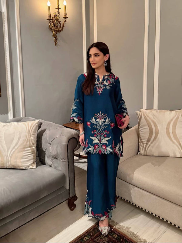 Designer French Crepe Embroidered Cut Work Co-Ord Sets with Stylish Palazzo for Women