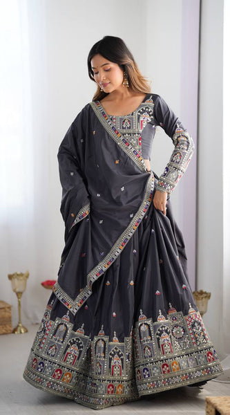 Embroidered Sequinned Semi-Stitched Lehenga