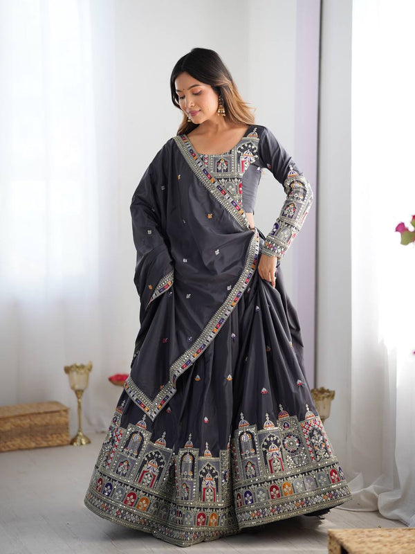Embroidered Sequinned Semi-Stitched Lehenga
