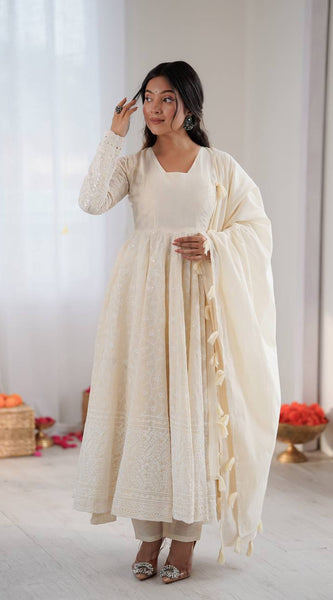 Schiffli Work Kora Cotton Anarkali Set Lehenga