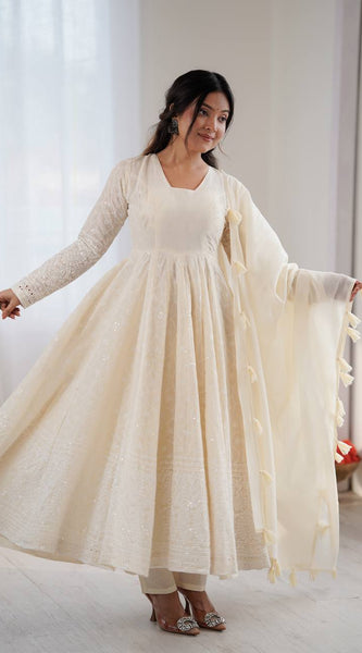 Schiffli Work Kora Cotton Anarkali Set Lehenga