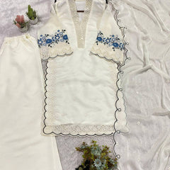 Designer Mal Chanderi Sequence Embroidered Kurta Palazzo Set With Organza Dupatta