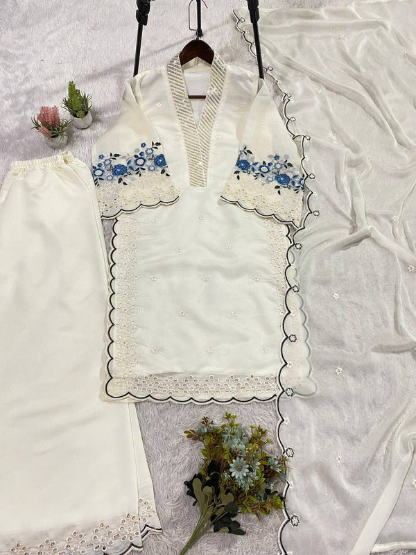Designer Mal Chanderi Sequence Embroidered Kurta Palazzo Set With Organza Dupatta