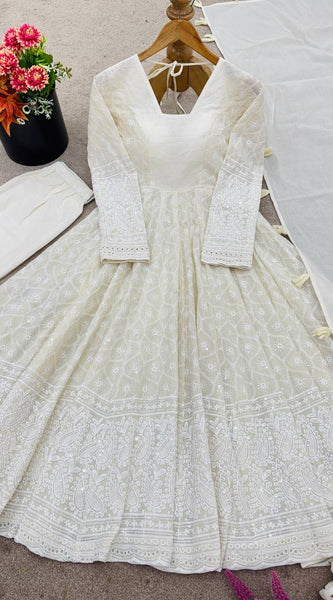 Schiffli Work Kora Cotton Anarkali Set Lehenga