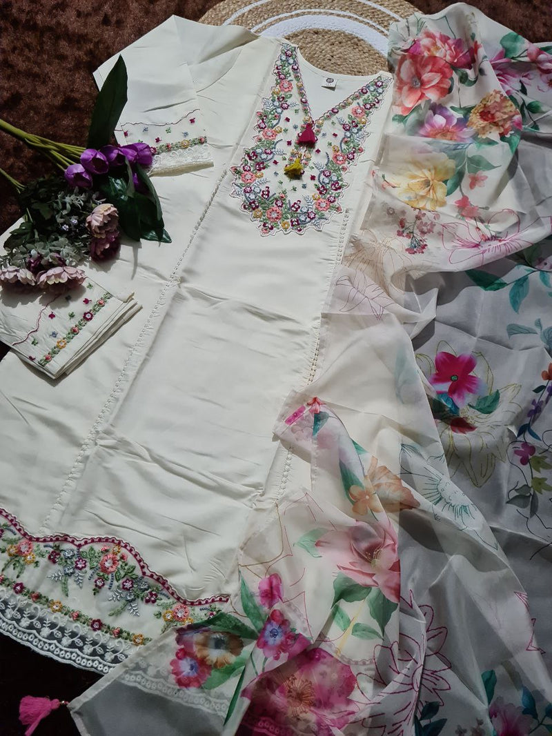 Floral Embroidered Kurta With Trousers & Dupatta