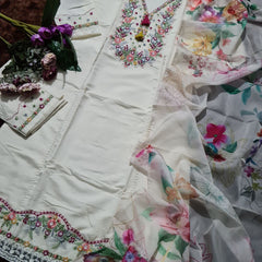 Floral Embroidered Kurta With Trousers & Dupatta
