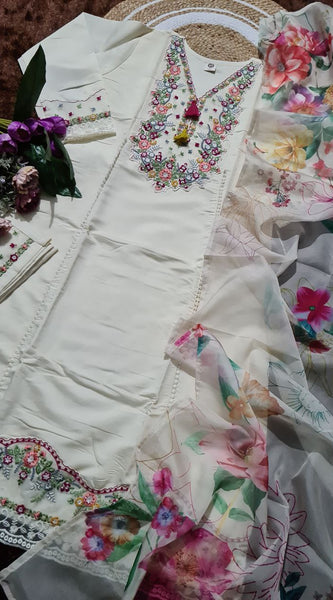 Floral Embroidered Kurta With Trousers & Dupatta