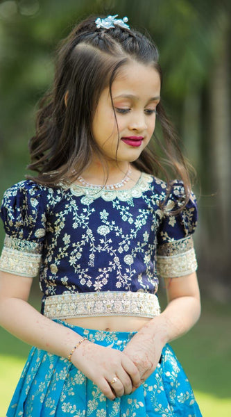 Kids Lehenga Choli in Pure Silk With Zari Weaving Work (Blue)