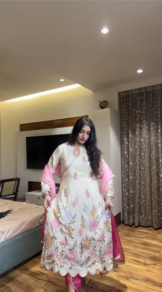 Embroidered Chinon Boat Neck Dresses