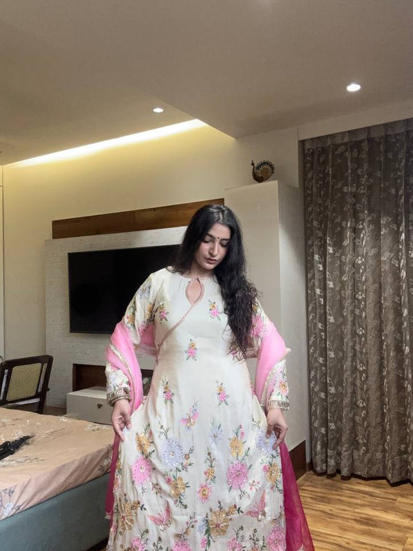 Embroidered Chinon Boat Neck Dresses