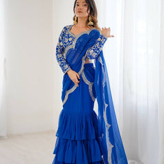 Party Wear Embroidered Ruffle Saree