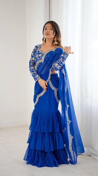 Party Wear Embroidered Ruffle Saree