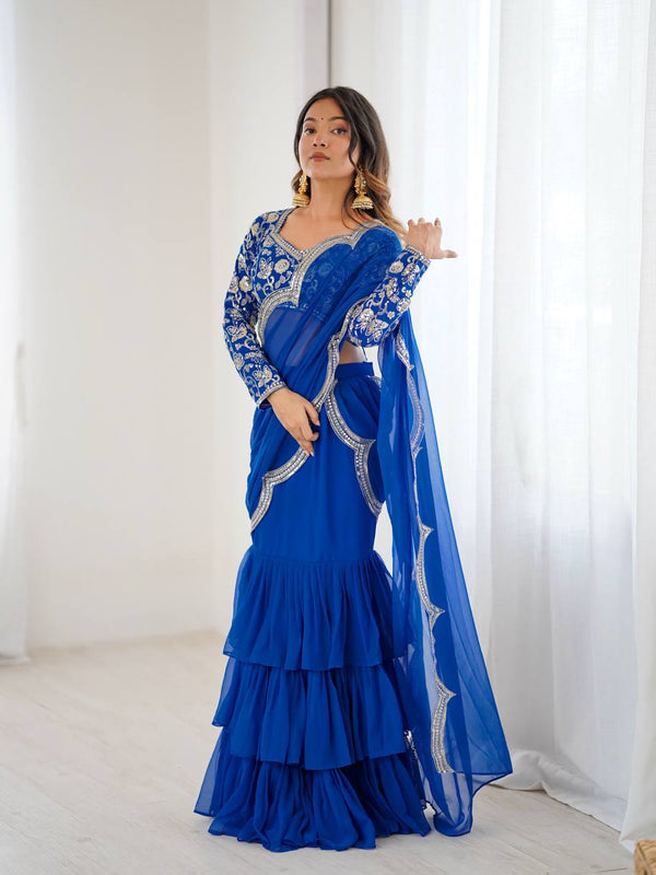 Party Wear Embroidered Ruffle Saree