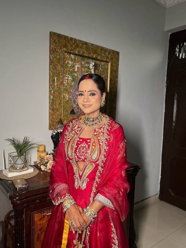 Red & Pink Chinon Dresses ,Pant Set with Dupatta