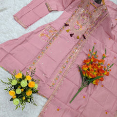 P.V. Chanderi Embroidered Kurti Palazzo Set with Dupatta