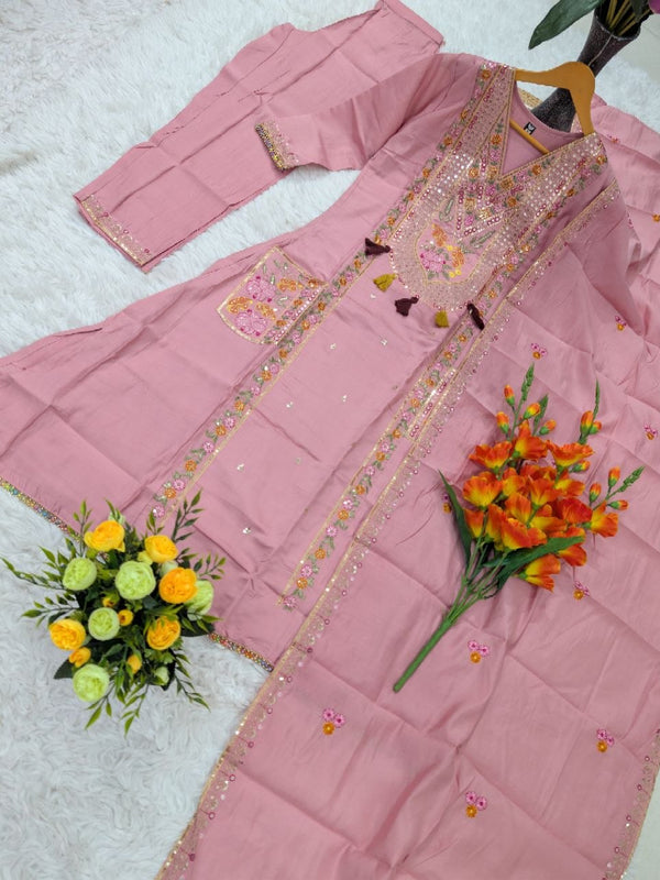 P.V. Chanderi Embroidered Kurti Palazzo Set with Dupatta