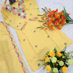 Yellow Embroidered Kurti Palazzo Co-Ord Sets