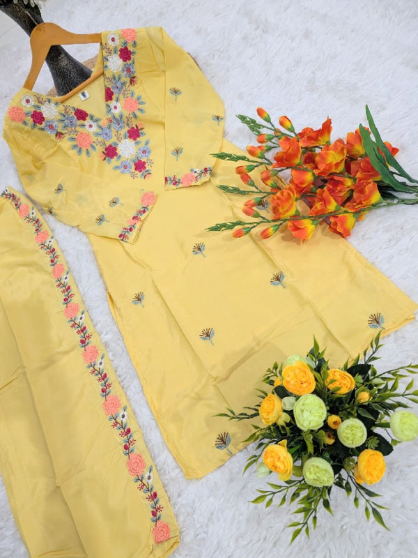 Yellow Embroidered Kurti Palazzo Co-Ord Sets