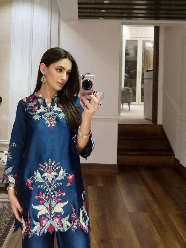 Designer French Crepe Embroidered Cut Work Co-Ord Sets with Stylish Palazzo for Women