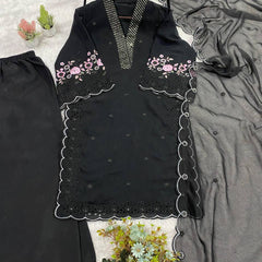 Designer Mal Chanderi Sequence Embroidered Kurta Palazzo Set With Organza Dupatta