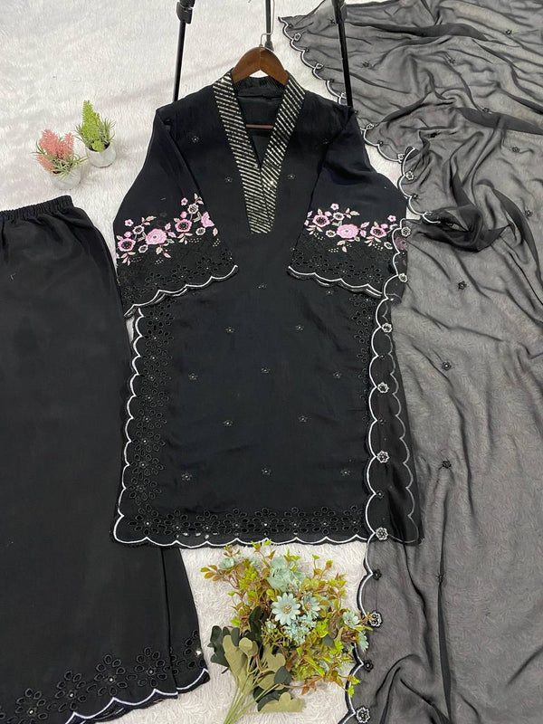 Designer Mal Chanderi Sequence Embroidered Kurta Palazzo Set With Organza Dupatta