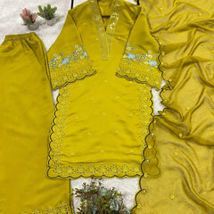 Designer Mal Chanderi Sequence Embroidered Kurta Palazzo Set With Organza Dupatta