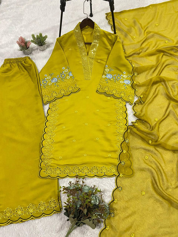 Designer Mal Chanderi Sequence Embroidered Kurta Palazzo Set With Organza Dupatta