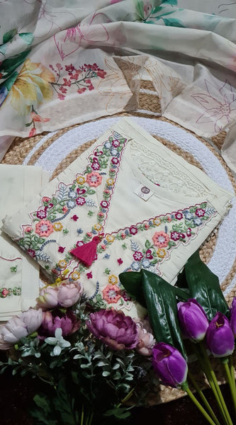 Floral Embroidered Kurta With Trousers & Dupatta