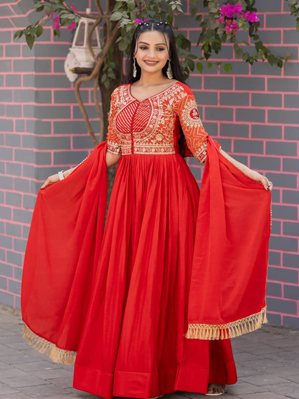 chinon bandhrej Embroidery Work Lehenga