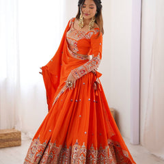 Embroidered Sequinned Semi-Stitched Lehenga