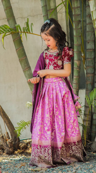 Kids Lehenga Choli in Pure Silk With Zari Weaving Work (Purple)