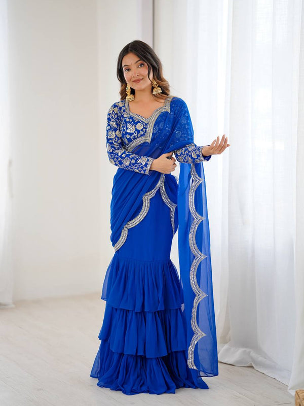 Party Wear Embroidered Ruffle Saree