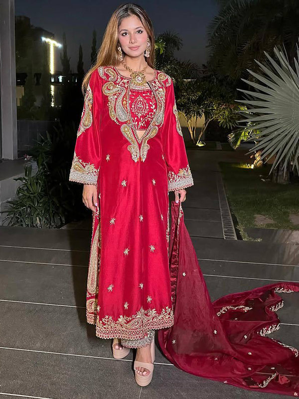 Red & Pink Chinon Dresses ,Pant Set with Dupatta