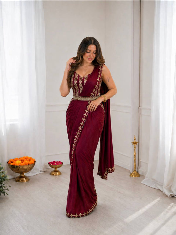 Luxury Ready-to-Wear Heavy Crepe Silk Saree with Embroidery & Golden Foil Work