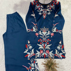 Designer French Crepe Embroidered Cut Work Co-Ord Sets with Stylish Palazzo for Women